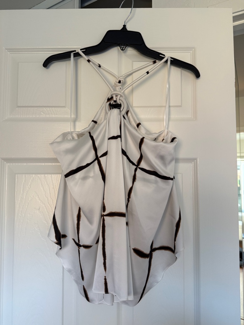 White House Black Market White and Brown Abstract Knot-Back Camisole